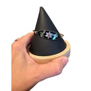 Vintage Alpaca Mexico Abalone Inlay Flower Cuff Bracelet 6.75" Silver Tone Black